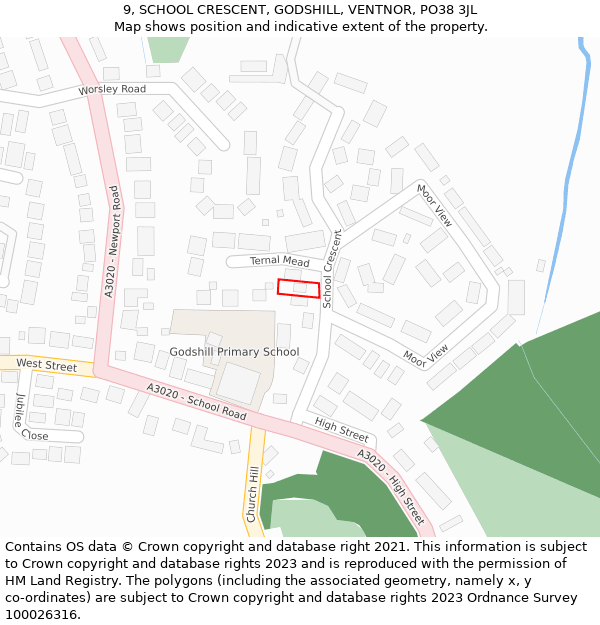 9, SCHOOL CRESCENT, GODSHILL, VENTNOR, PO38 3JL: Location map and indicative extent of plot