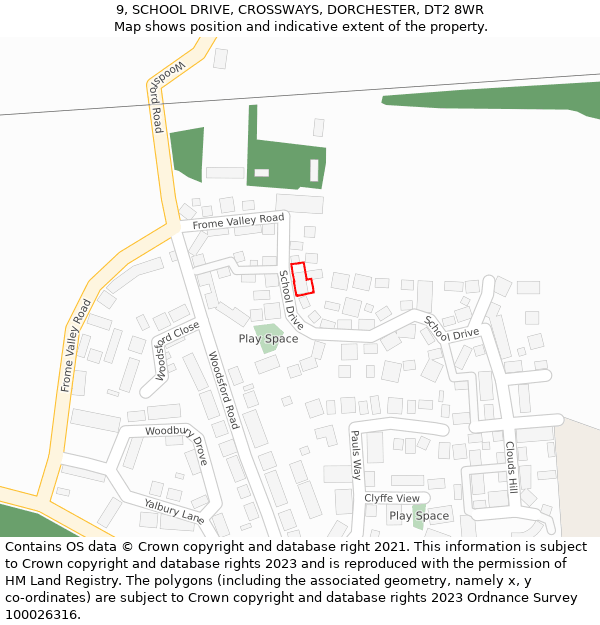 9, SCHOOL DRIVE, CROSSWAYS, DORCHESTER, DT2 8WR: Location map and indicative extent of plot