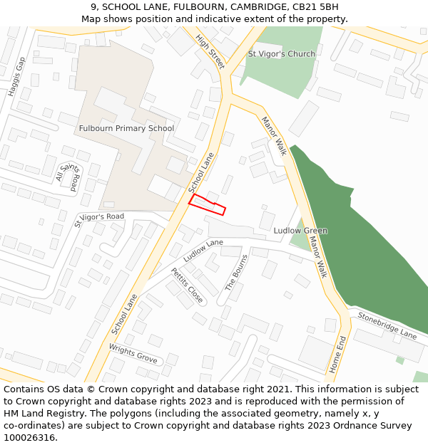 9, SCHOOL LANE, FULBOURN, CAMBRIDGE, CB21 5BH: Location map and indicative extent of plot