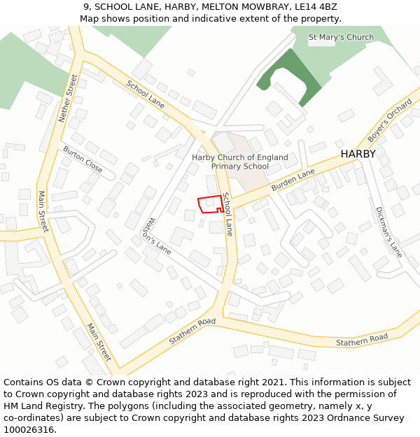 9, SCHOOL LANE, HARBY, MELTON MOWBRAY, LE14 4BZ: Location map and indicative extent of plot