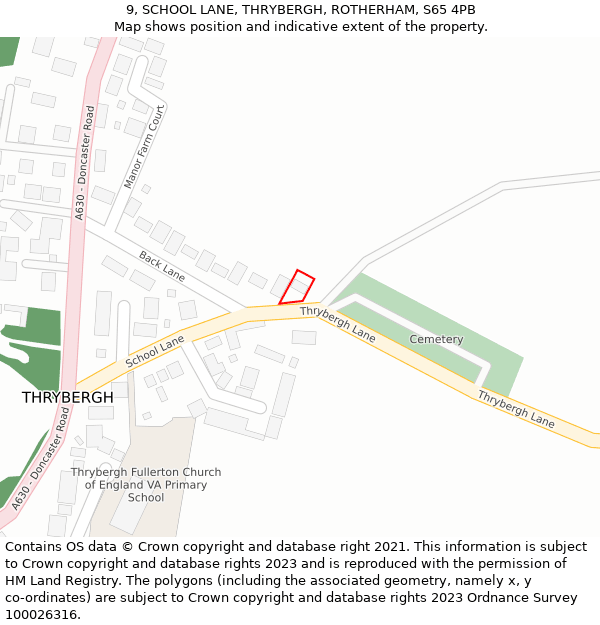 9, SCHOOL LANE, THRYBERGH, ROTHERHAM, S65 4PB: Location map and indicative extent of plot