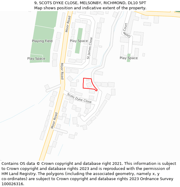 9, SCOTS DYKE CLOSE, MELSONBY, RICHMOND, DL10 5PT: Location map and indicative extent of plot