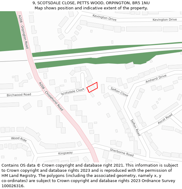 9, SCOTSDALE CLOSE, PETTS WOOD, ORPINGTON, BR5 1NU: Location map and indicative extent of plot