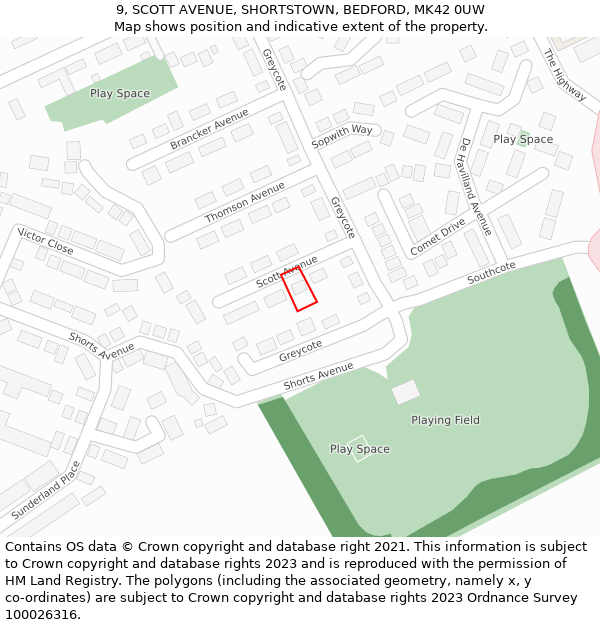 9, SCOTT AVENUE, SHORTSTOWN, BEDFORD, MK42 0UW: Location map and indicative extent of plot