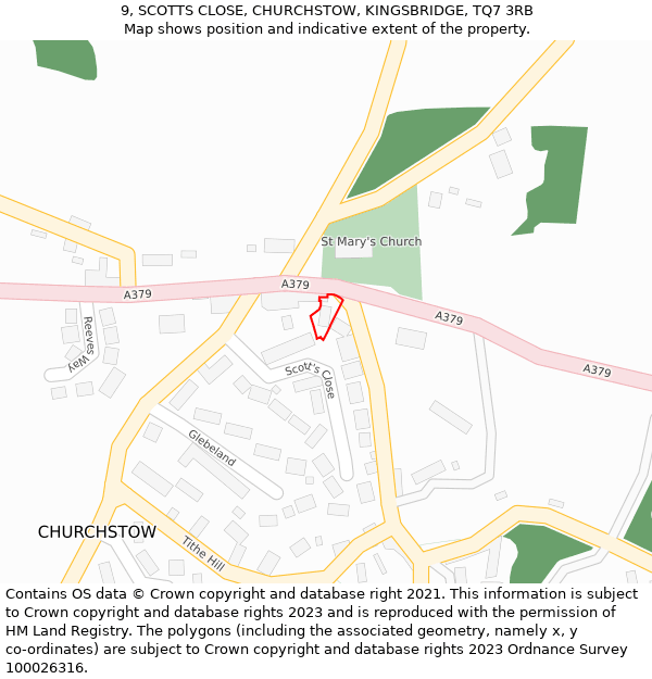 9, SCOTTS CLOSE, CHURCHSTOW, KINGSBRIDGE, TQ7 3RB: Location map and indicative extent of plot