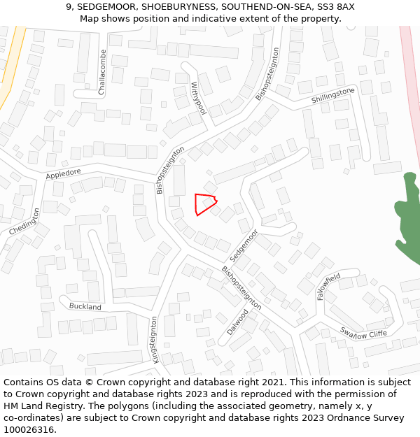 9, SEDGEMOOR, SHOEBURYNESS, SOUTHEND-ON-SEA, SS3 8AX: Location map and indicative extent of plot