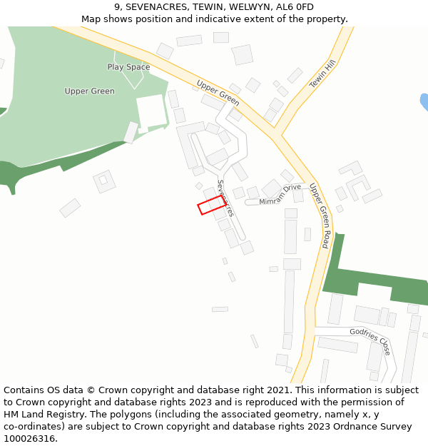9, SEVENACRES, TEWIN, WELWYN, AL6 0FD: Location map and indicative extent of plot