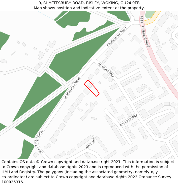 9, SHAFTESBURY ROAD, BISLEY, WOKING, GU24 9ER: Location map and indicative extent of plot