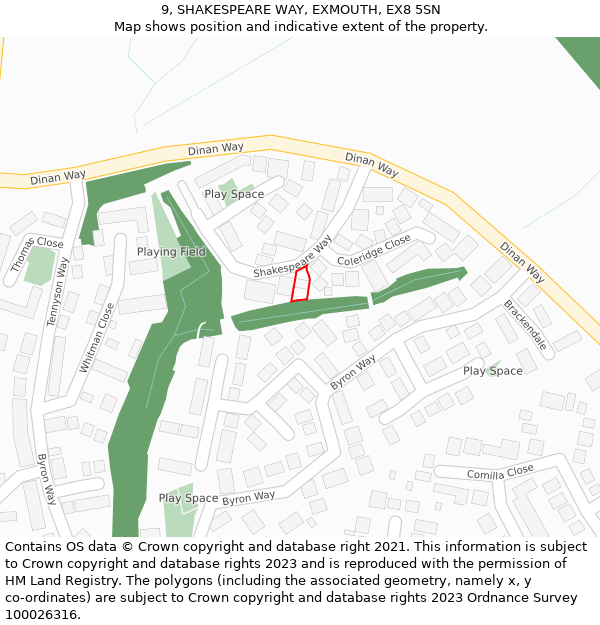 9, SHAKESPEARE WAY, EXMOUTH, EX8 5SN: Location map and indicative extent of plot