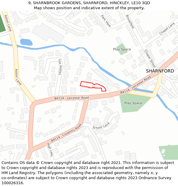 9, SHARNBROOK GARDENS, SHARNFORD, HINCKLEY, LE10 3QD: Location map and indicative extent of plot