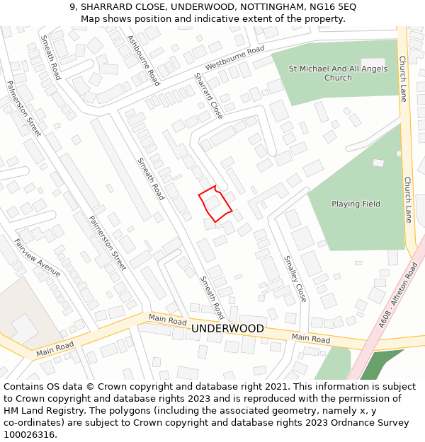 9, SHARRARD CLOSE, UNDERWOOD, NOTTINGHAM, NG16 5EQ: Location map and indicative extent of plot