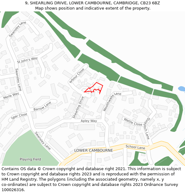 9, SHEARLING DRIVE, LOWER CAMBOURNE, CAMBRIDGE, CB23 6BZ: Location map and indicative extent of plot