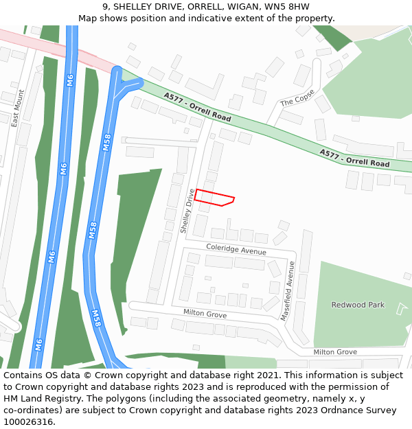 9, SHELLEY DRIVE, ORRELL, WIGAN, WN5 8HW: Location map and indicative extent of plot