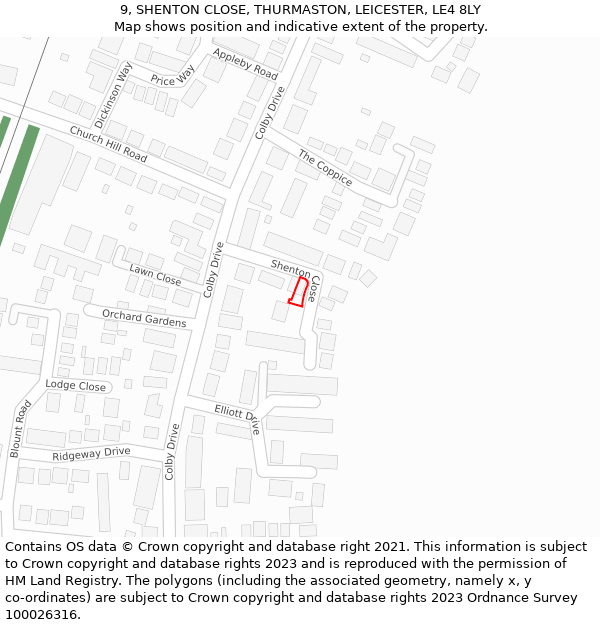 9, SHENTON CLOSE, THURMASTON, LEICESTER, LE4 8LY: Location map and indicative extent of plot