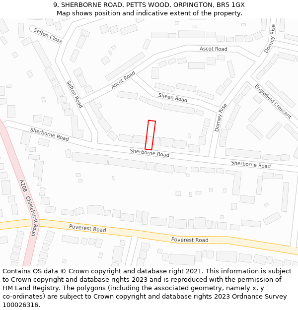 9, SHERBORNE ROAD, PETTS WOOD, ORPINGTON, BR5 1GX: Location map and indicative extent of plot