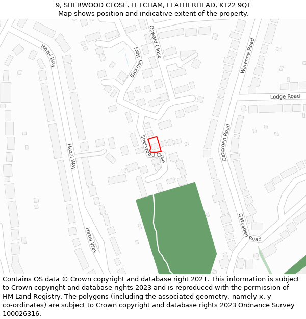 9, SHERWOOD CLOSE, FETCHAM, LEATHERHEAD, KT22 9QT: Location map and indicative extent of plot