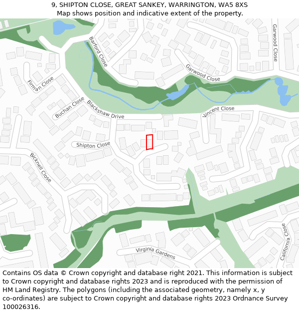 9, SHIPTON CLOSE, GREAT SANKEY, WARRINGTON, WA5 8XS: Location map and indicative extent of plot