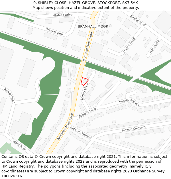 9, SHIRLEY CLOSE, HAZEL GROVE, STOCKPORT, SK7 5AX: Location map and indicative extent of plot