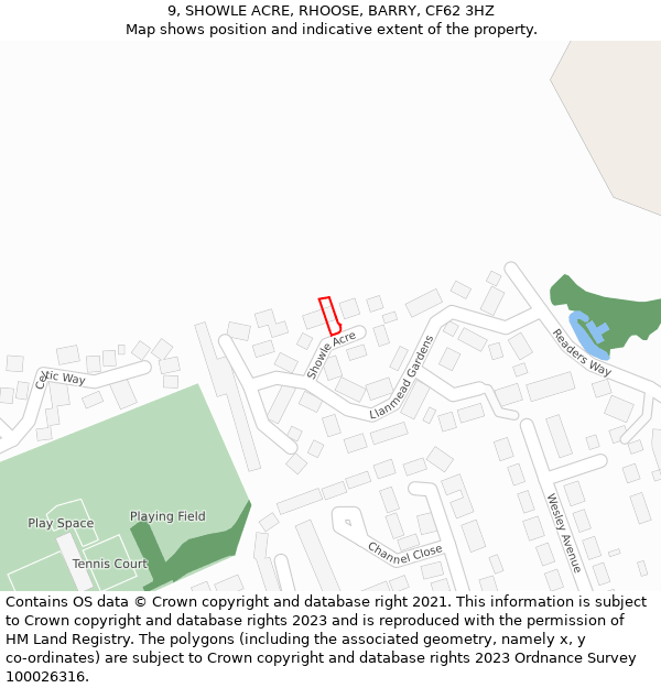 9, SHOWLE ACRE, RHOOSE, BARRY, CF62 3HZ: Location map and indicative extent of plot