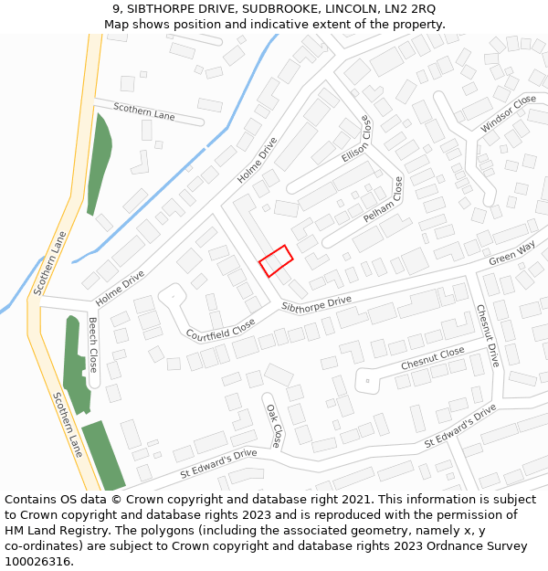 9, SIBTHORPE DRIVE, SUDBROOKE, LINCOLN, LN2 2RQ: Location map and indicative extent of plot