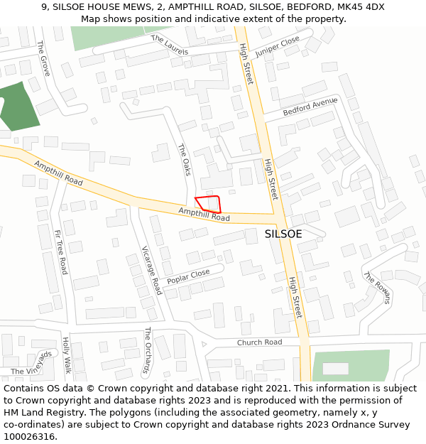 9, SILSOE HOUSE MEWS, 2, AMPTHILL ROAD, SILSOE, BEDFORD, MK45 4DX: Location map and indicative extent of plot
