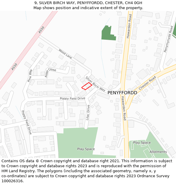 9, SILVER BIRCH WAY, PENYFFORDD, CHESTER, CH4 0GH: Location map and indicative extent of plot