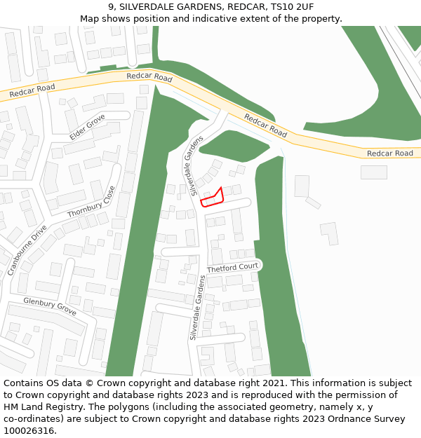 9, SILVERDALE GARDENS, REDCAR, TS10 2UF: Location map and indicative extent of plot