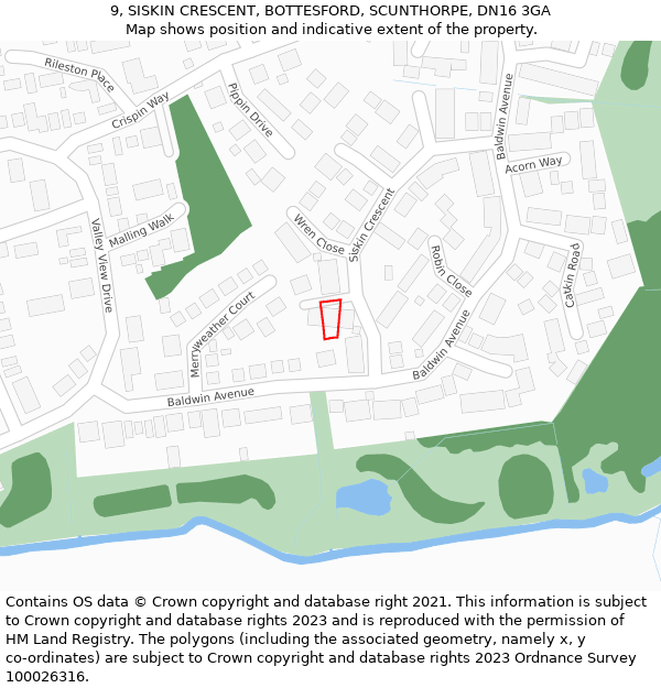 9, SISKIN CRESCENT, BOTTESFORD, SCUNTHORPE, DN16 3GA: Location map and indicative extent of plot