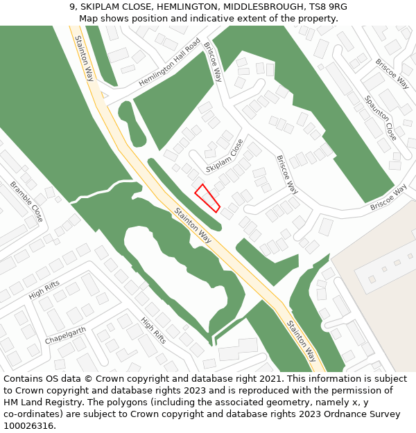 9, SKIPLAM CLOSE, HEMLINGTON, MIDDLESBROUGH, TS8 9RG: Location map and indicative extent of plot