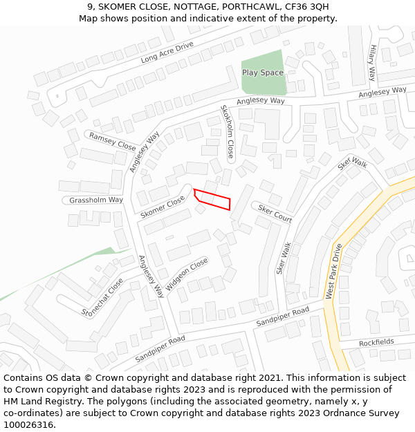 9, SKOMER CLOSE, NOTTAGE, PORTHCAWL, CF36 3QH: Location map and indicative extent of plot