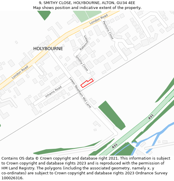 9, SMITHY CLOSE, HOLYBOURNE, ALTON, GU34 4EE: Location map and indicative extent of plot