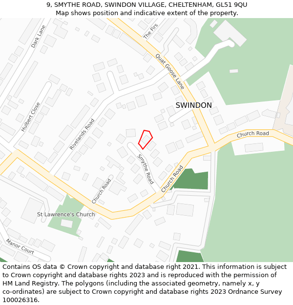 9, SMYTHE ROAD, SWINDON VILLAGE, CHELTENHAM, GL51 9QU: Location map and indicative extent of plot