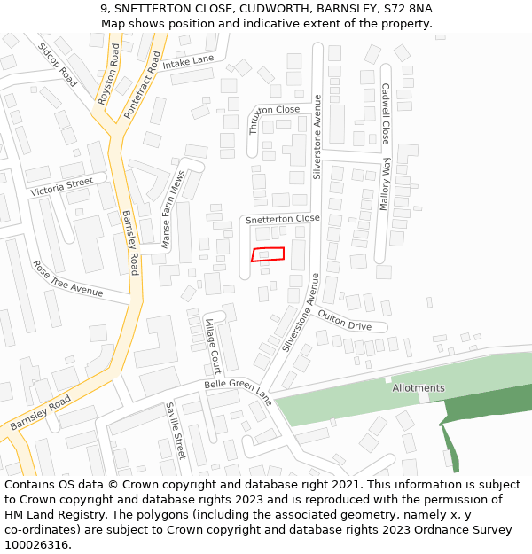9, SNETTERTON CLOSE, CUDWORTH, BARNSLEY, S72 8NA: Location map and indicative extent of plot