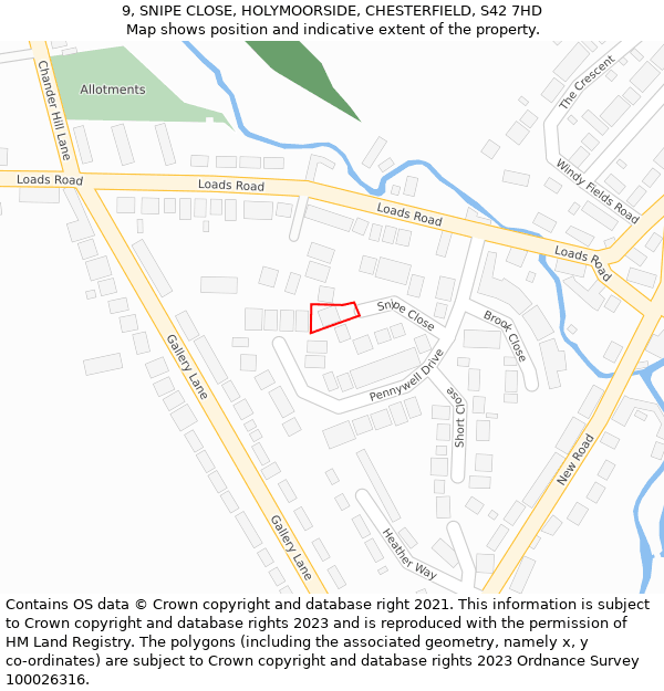 9, SNIPE CLOSE, HOLYMOORSIDE, CHESTERFIELD, S42 7HD: Location map and indicative extent of plot