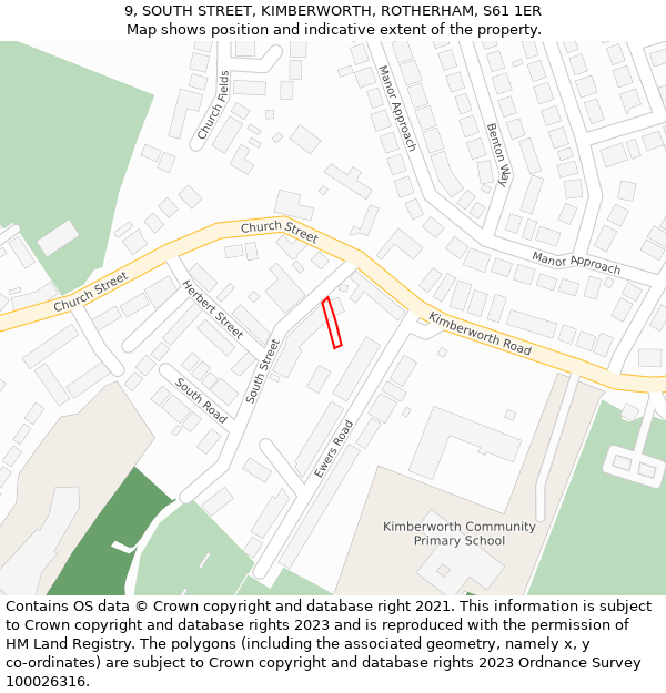 9, SOUTH STREET, KIMBERWORTH, ROTHERHAM, S61 1ER: Location map and indicative extent of plot