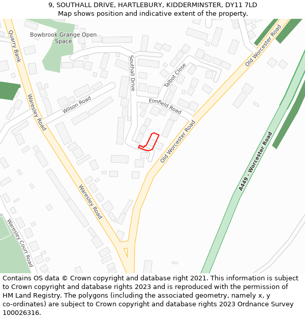 9, SOUTHALL DRIVE, HARTLEBURY, KIDDERMINSTER, DY11 7LD: Location map and indicative extent of plot