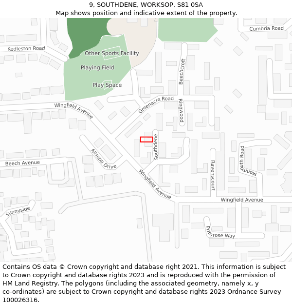 9, SOUTHDENE, WORKSOP, S81 0SA: Location map and indicative extent of plot