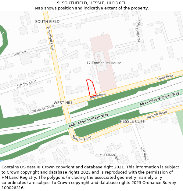 9, SOUTHFIELD, HESSLE, HU13 0EL: Location map and indicative extent of plot