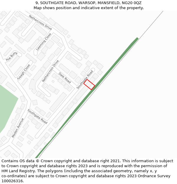 9, SOUTHGATE ROAD, WARSOP, MANSFIELD, NG20 0QZ: Location map and indicative extent of plot