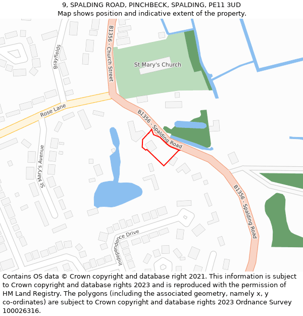9, SPALDING ROAD, PINCHBECK, SPALDING, PE11 3UD: Location map and indicative extent of plot