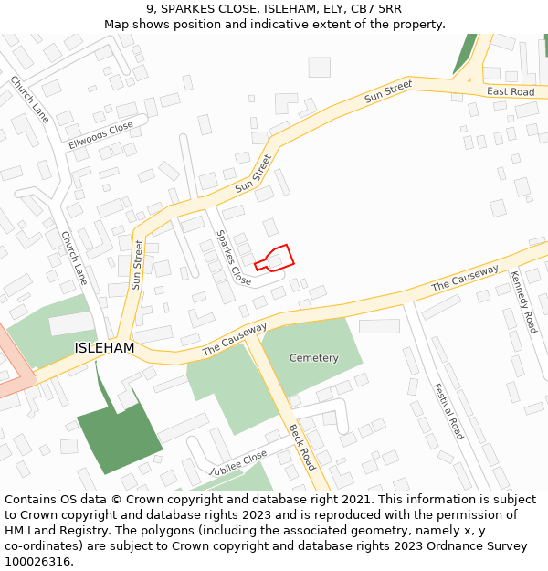 9, SPARKES CLOSE, ISLEHAM, ELY, CB7 5RR: Location map and indicative extent of plot