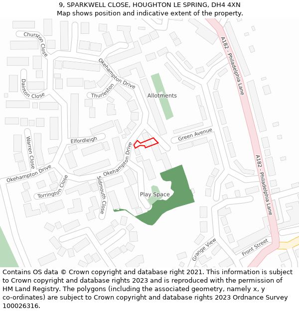 9, SPARKWELL CLOSE, HOUGHTON LE SPRING, DH4 4XN: Location map and indicative extent of plot