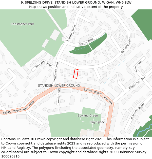 9, SPELDING DRIVE, STANDISH LOWER GROUND, WIGAN, WN6 8LW: Location map and indicative extent of plot