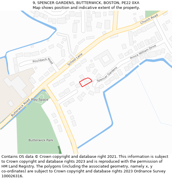 9, SPENCER GARDENS, BUTTERWICK, BOSTON, PE22 0XA: Location map and indicative extent of plot