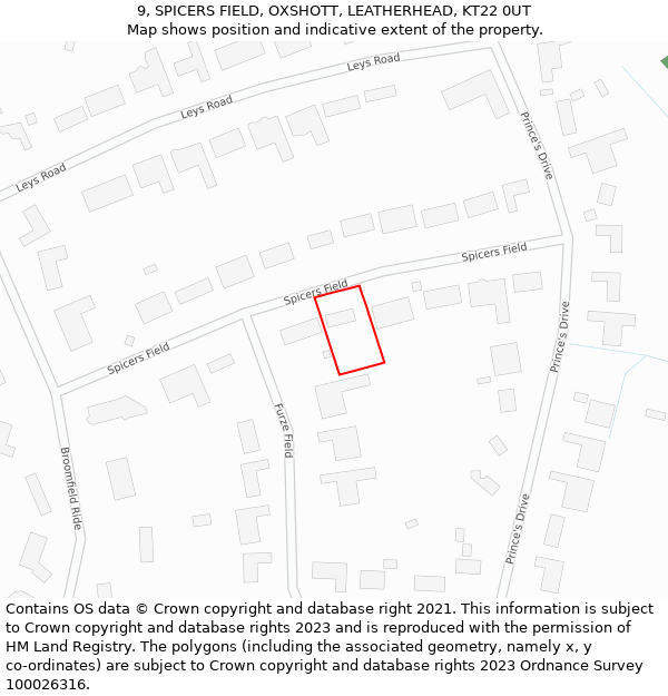 9, SPICERS FIELD, OXSHOTT, LEATHERHEAD, KT22 0UT: Location map and indicative extent of plot