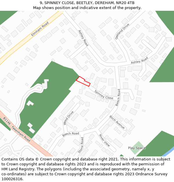 9, SPINNEY CLOSE, BEETLEY, DEREHAM, NR20 4TB: Location map and indicative extent of plot