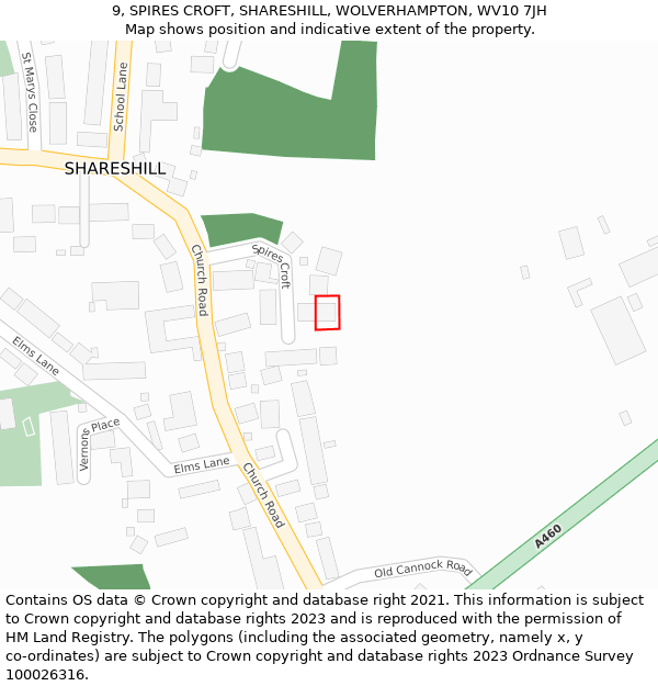 9, SPIRES CROFT, SHARESHILL, WOLVERHAMPTON, WV10 7JH: Location map and indicative extent of plot