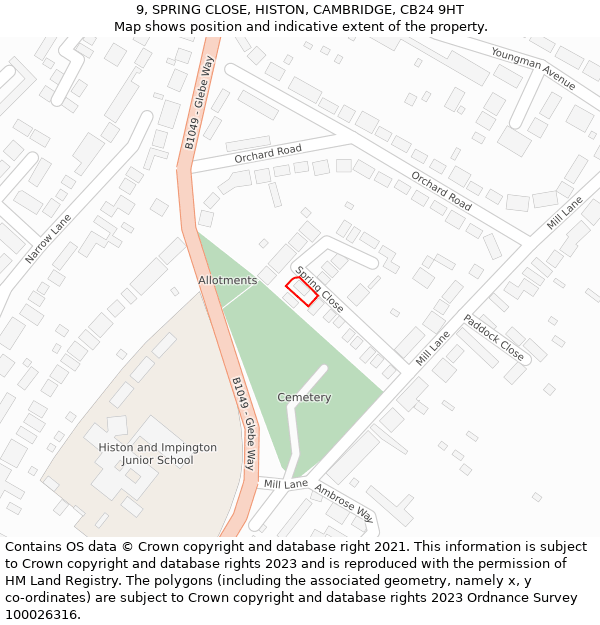 9, SPRING CLOSE, HISTON, CAMBRIDGE, CB24 9HT: Location map and indicative extent of plot