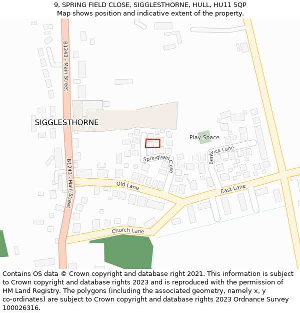 9, SPRING FIELD CLOSE, SIGGLESTHORNE, HULL, HU11 5QP: Location map and indicative extent of plot