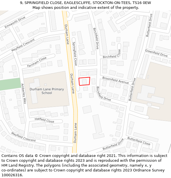 9, SPRINGFIELD CLOSE, EAGLESCLIFFE, STOCKTON-ON-TEES, TS16 0EW: Location map and indicative extent of plot